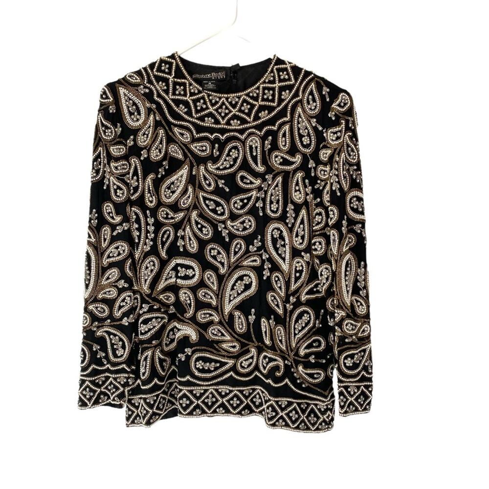 Carolyne Barton Nights Sequin Pearl Beaded Black Silk Lined Blouse size medium